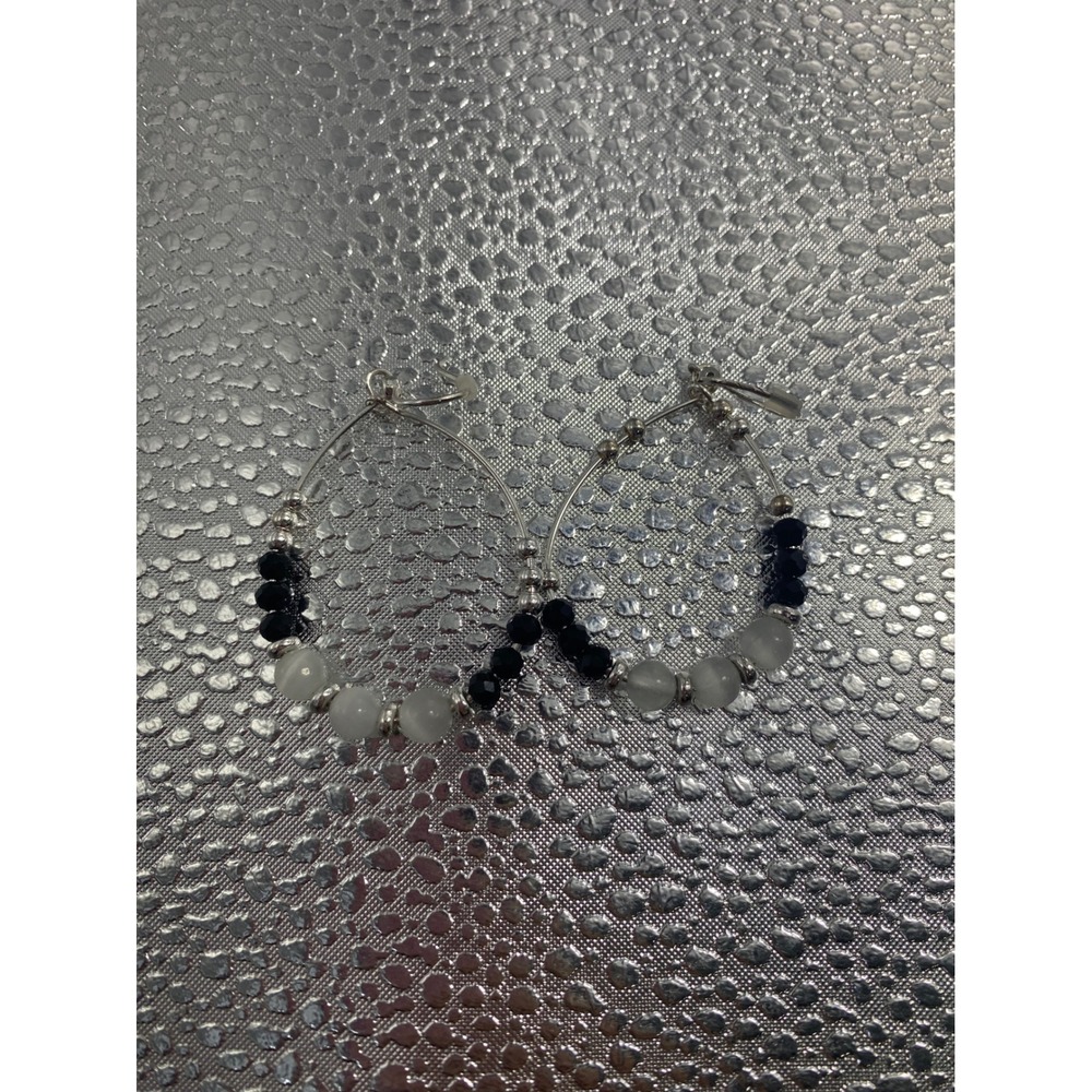 Handmade Black and White Beaded Teardrop Hoop Earrings Silver Tone Boho Chic